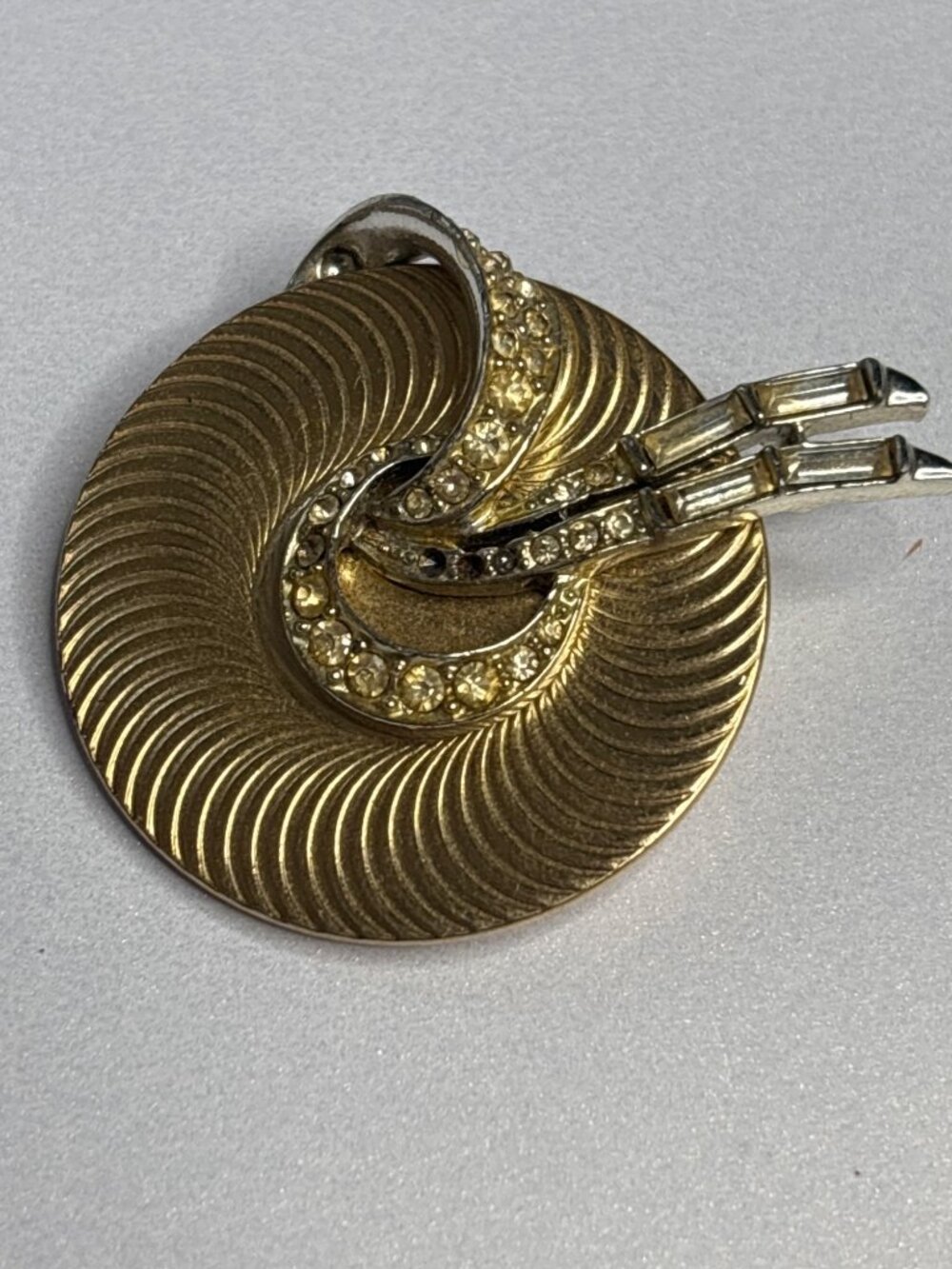 Vintage Marboux Circle Swirl Fan Brooch Baguette Set Rhinestones | 1" diameter